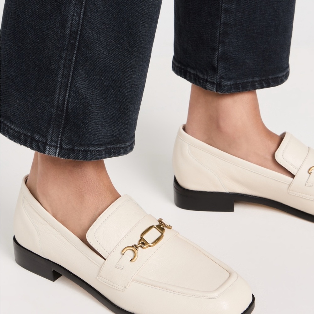 Larroude Cream Loafers with Gold Accent